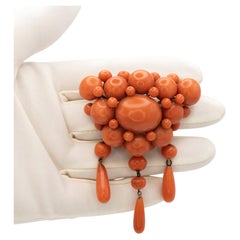 Antique Victorian 14K Gold Coral Cluster Brooch with Articulated Drops