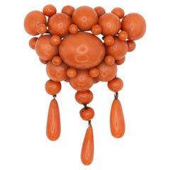 Antique Victorian 14K Gold Coral Cluster Brooch with Articulated Drops