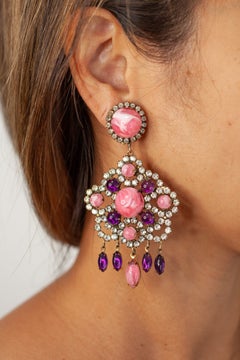 Rare Kenneth Jay Lane K.J.L. Pink and Purple Cabochon Chandelier Earrings