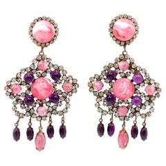 Rare Kenneth Jay Lane K.J.L. Pink and Purple Cabochon Chandelier Earrings