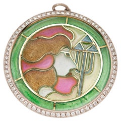 Platinum and 18-Karat Gold Diamond Plique-à-Jour Enamel Pendant