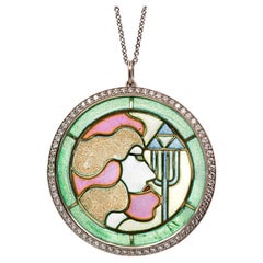 Platinum and 18-Karat Gold Diamond Plique-à-Jour Enamel Pendant
