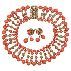 Mid-Century Miriam Haskell Simulated Coral Rhinestone Necklace and Earrings Set