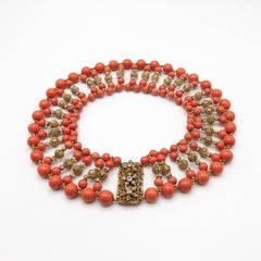 Mid-Century Miriam Haskell Simulated Coral Rhinestone Necklace and Earrings Set