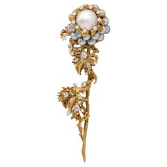 Vintage La Triomphe 18K Gold Diamond Pearl Flower Brooch