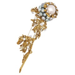 Vintage La Triomphe 18K Gold Diamond Pearl Flower Brooch
