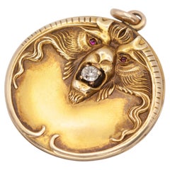 Antique Art Nouveau 10K Gold Diamond Ruby Lion Head Locket Pendant