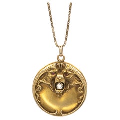 Antique Art Nouveau 10K Gold Diamond Ruby Lion Head Locket Pendant