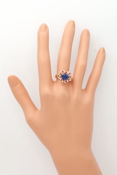 Vintage 14K Yellow Gold Heart-Shaped Blue Sapphire Ruby and Diamond Ring
