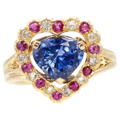 Vintage 14K Yellow Gold Heart-Shaped Blue Sapphire Ruby and Diamond Ring