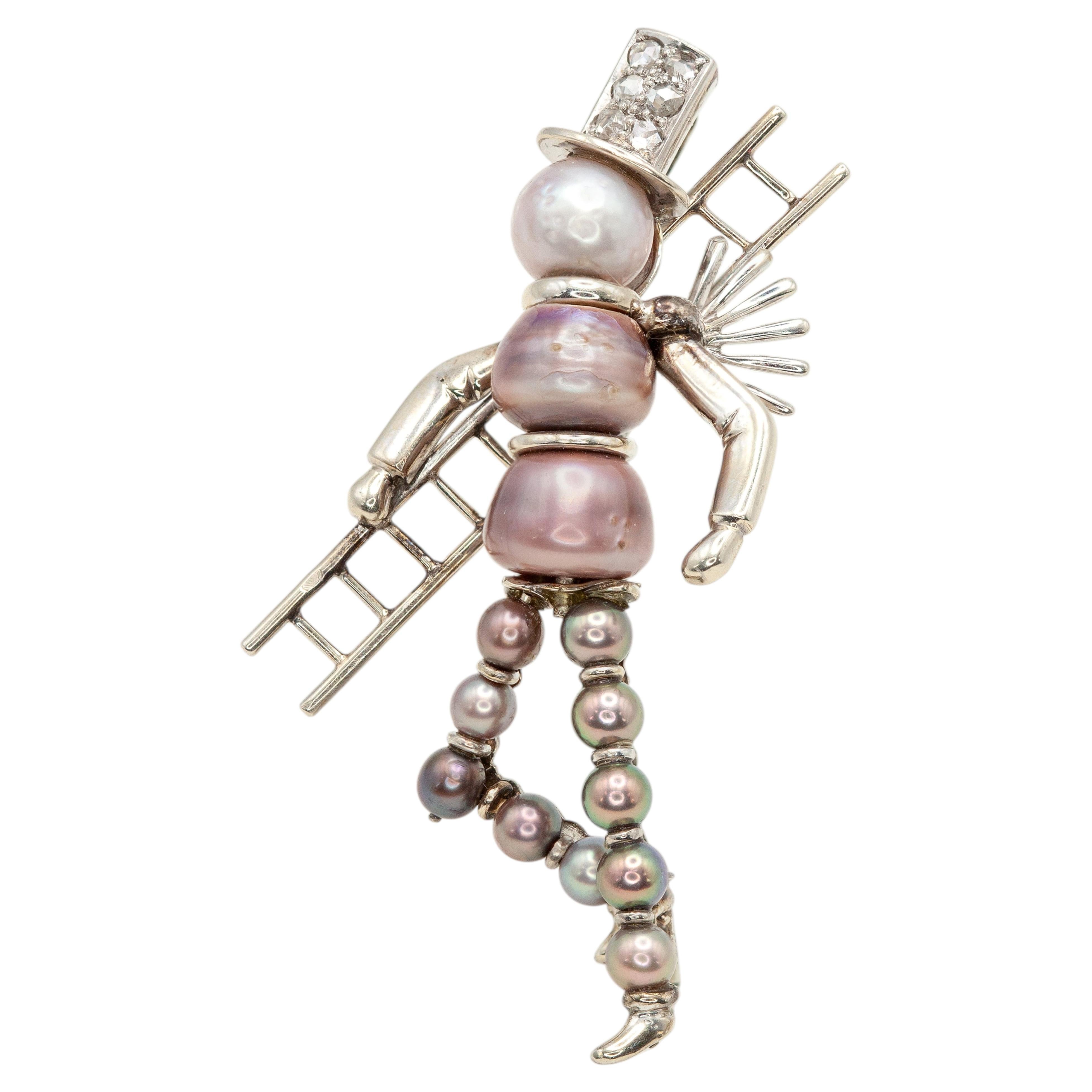 Pre-owned Koché Koch 14k Gia Certified Natural Saltwater Pearl And Diamond Figural Brooch In Multiple