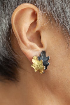 18K Yellow Gold and Sterling Silver Leaf Motif Clip-on Earrings