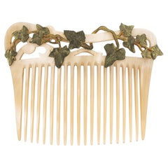 Art Nouveau Carved Horn Hair Comb with Metal Ivy Leaves, Circa 1910