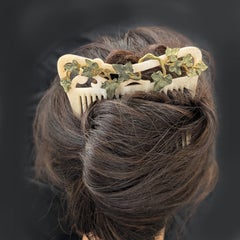 Art Nouveau Carved Horn Hair Comb with Metal Ivy Leaves, Circa 1910
