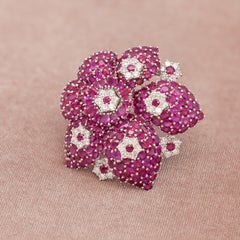 GIA Certified Burma Ruby Diamond 18K White Gold Large Floral Brooch