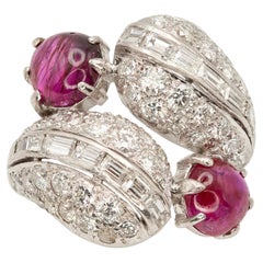Vintage Platinum Ruby Cabochon Diamond Cocktail Ring