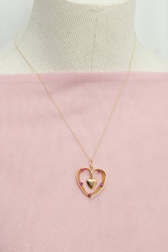 Retro 1940s 14K Gold Ruby Double Heart Dangle Pendant