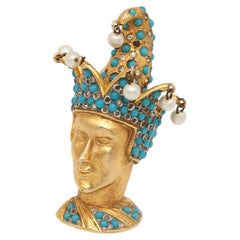 Vintage Nettie Rosenstein Gold Tone Rhinestone Jester Head Brooch
