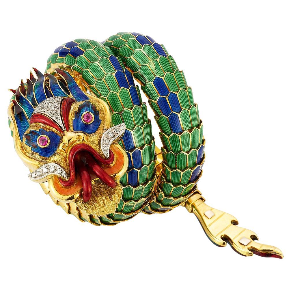 Paul Flato Gold, Multicolored Enamel, Ruby, and Diamond Dragon Bracelet For Sale