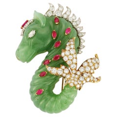 David Webb Carved Jade Diamond and Ruby Seahorse Brooch