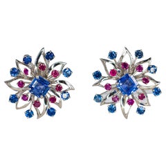 Cartier Platinum Sapphire & Ruby Floral Earrings