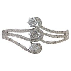 White Gold Three Floral Cluster Swirl Diamond Bangle Bracelet