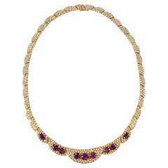 Yellow Gold Ruby and Diamond Pavé Crescent Statement Necklace