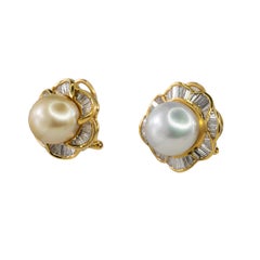 18k Yellow Gold South Sea Pearl and Baguette Diamond Floral Earrings