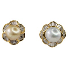 18k Yellow Gold South Sea Pearl and Baguette Diamond Floral Earrings