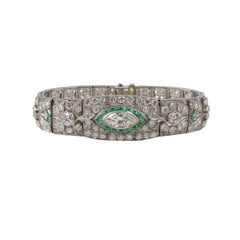 Platinum Art Deco Diamond and Calibre-Cut Emerald Geometric Bracelet