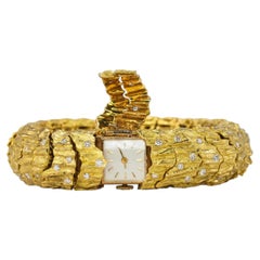 Vintage Textured Gold and Diamond Secret Cover Watch Bracelet