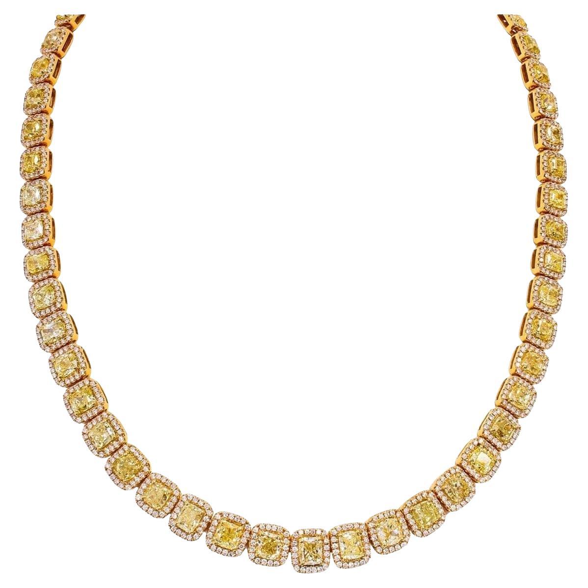 LEGACY GIA 90 Carats Fancy Intense Yellow Cushion Cut Diamond Tennis Chain For Sale