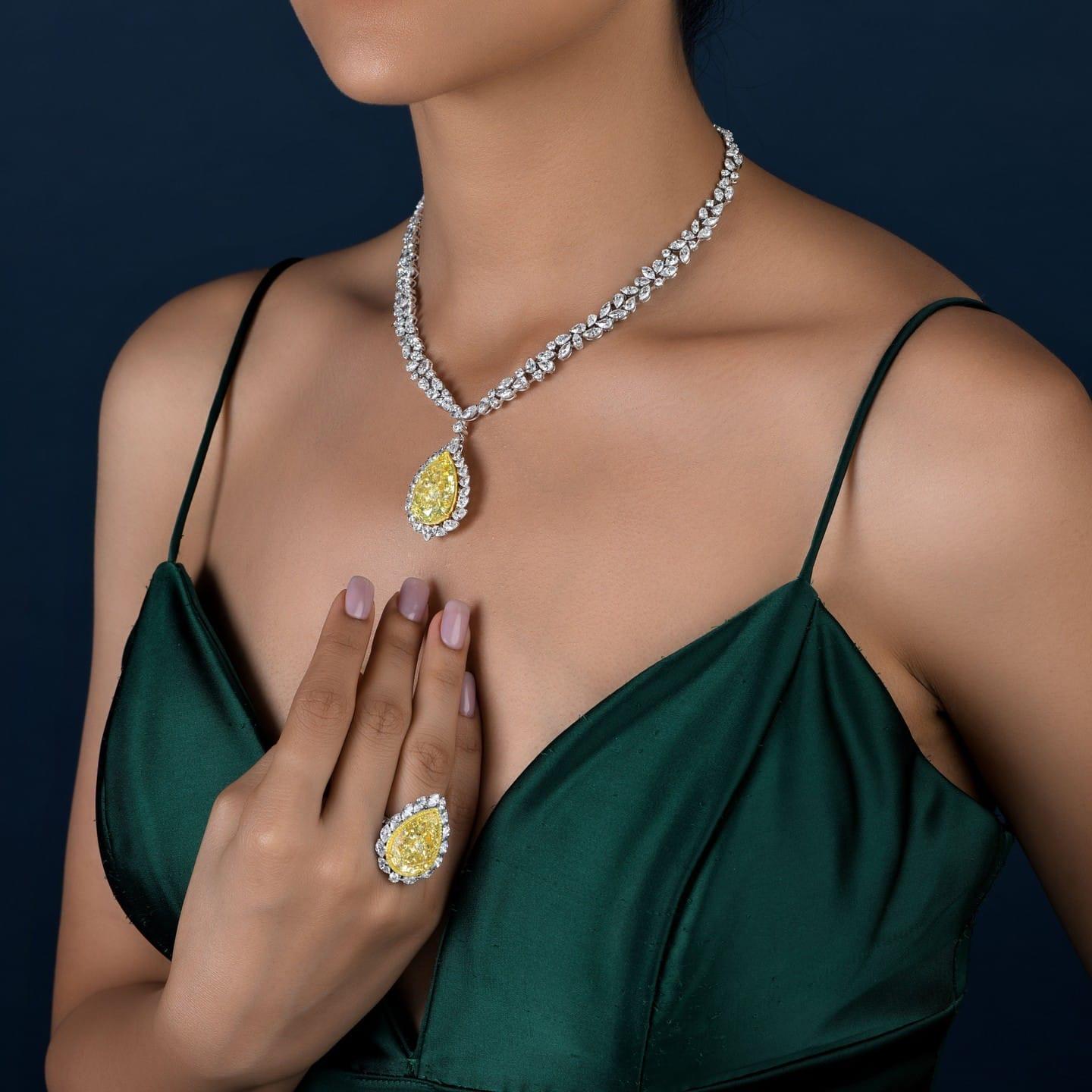 Pear Cut Legacy 15 Carat GIA Fancy Yellow Pear Drop Diamond Necklace An Icon of Prestige For Sale
