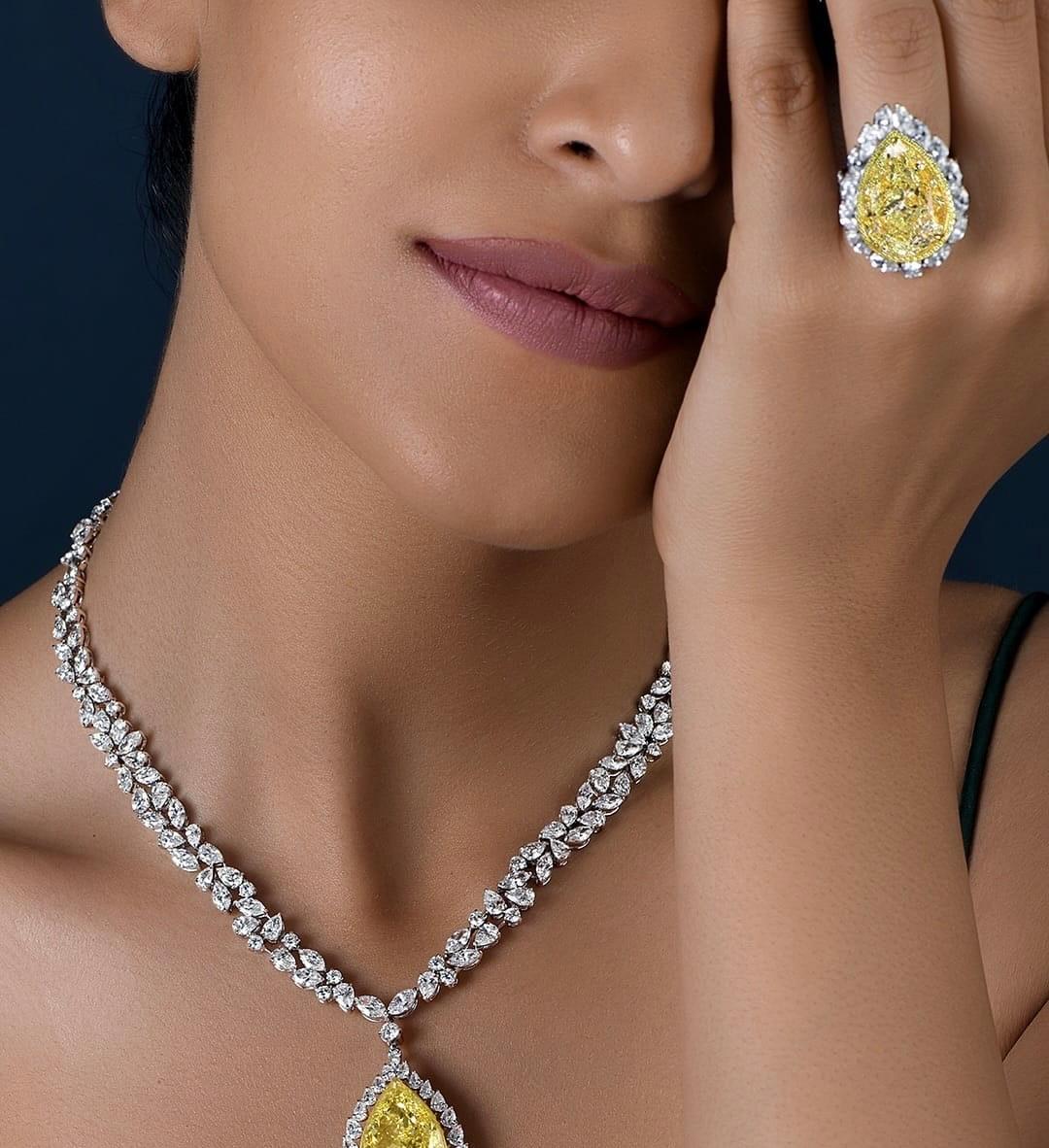 Women's Legacy 15 Carat GIA Fancy Intense Yellow Pear Drop Diamond Necklace For Sale
