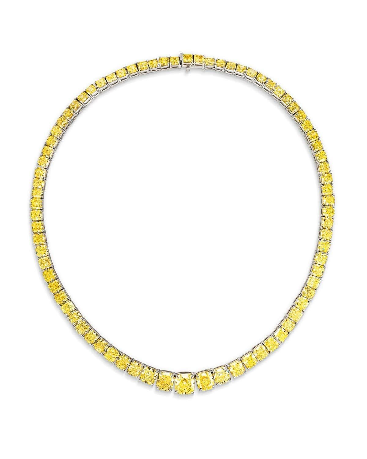 Taille radiant LEGACY Collier Rivière en diamant jaune fantaisie de 60 carats en vente