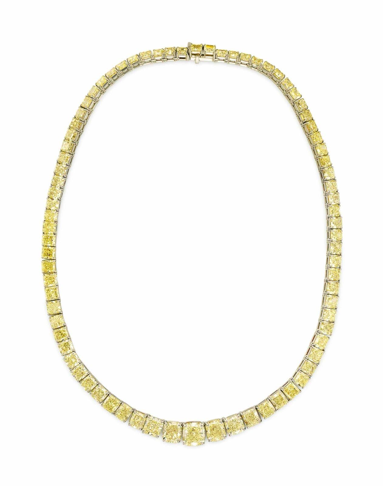 Taille radiant LEGACY Collier Rivière de 60 carats de diamant jaune fantaisie certifié GIA en vente