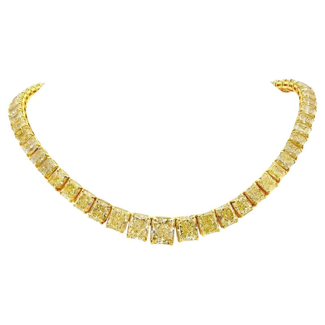 OUR LEGACY Collier de 100 carats de diamants rayonnants de couleur jaune fantaisie GIA en vente