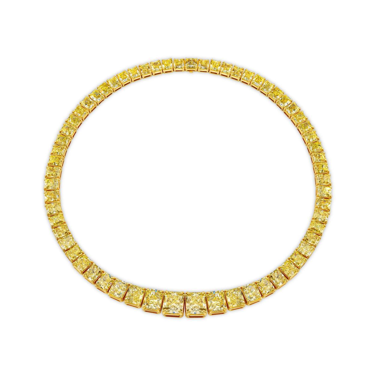 Moderne OUR LEGACY Collier de 90 carats de diamants rayonnants de couleur jaune fantaisie GIA en vente