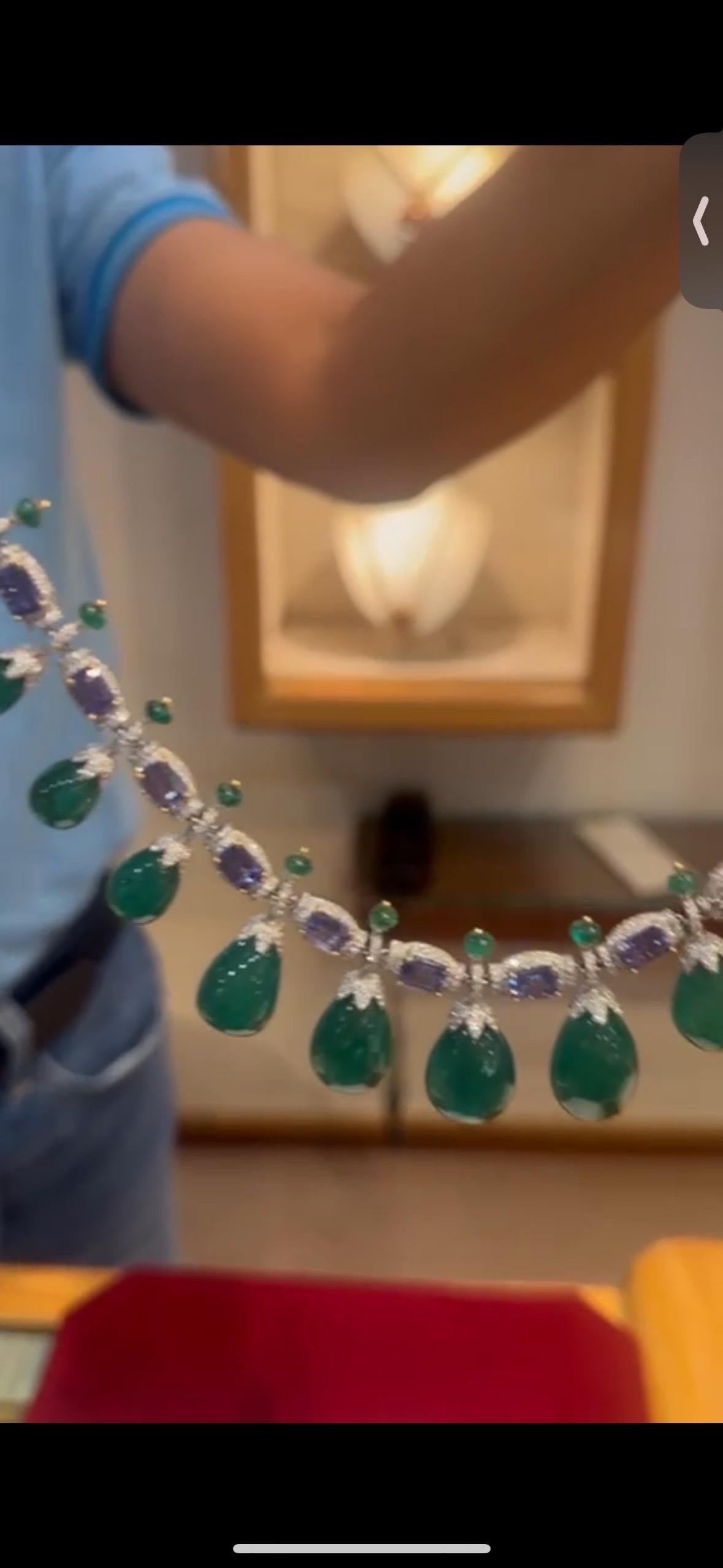 Zertifizierte 14k Smaragd Tansanit Diamant Halskette 360 Karat 14k Gold Set im Angebot 5