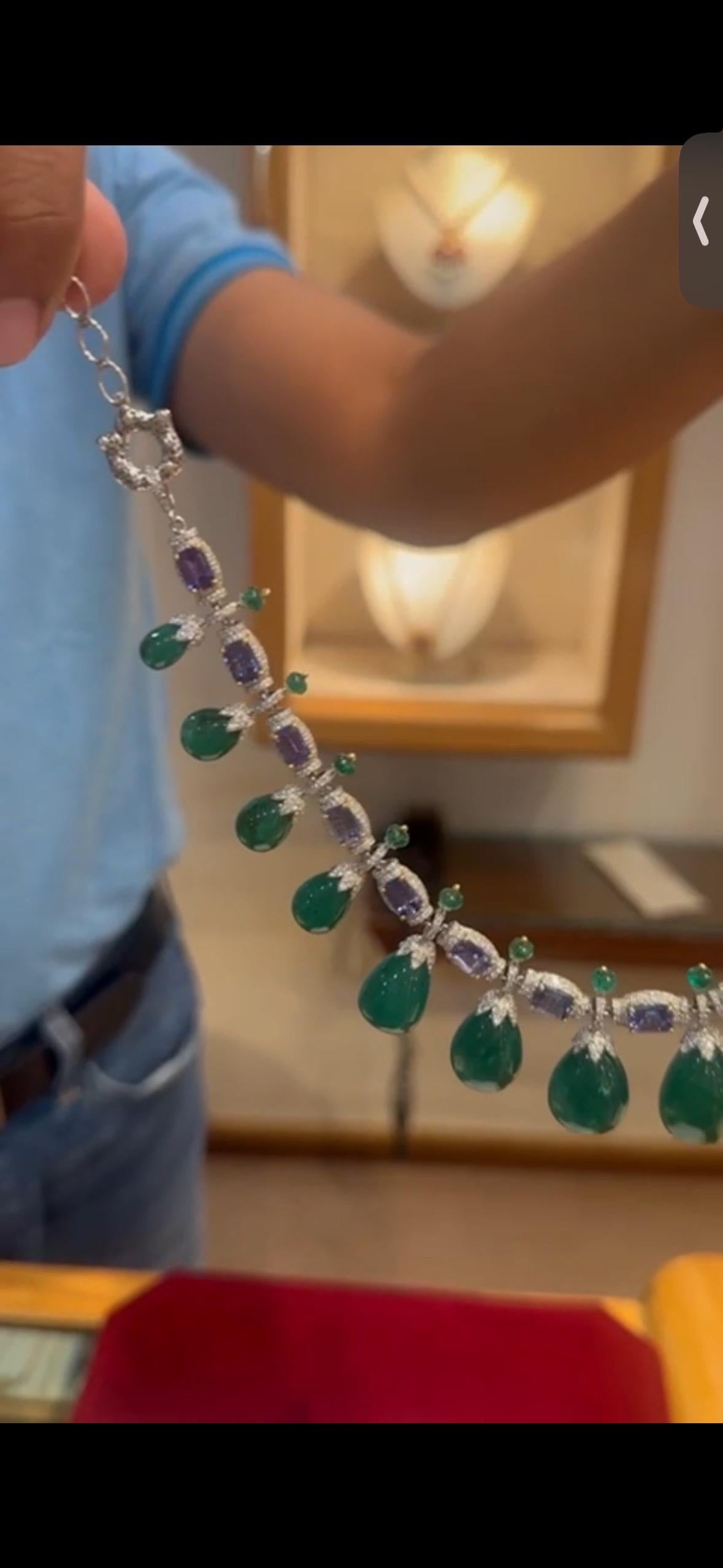 Zertifizierte 14k Smaragd Tansanit Diamant Halskette 360 Karat 14k Gold Set im Angebot 6