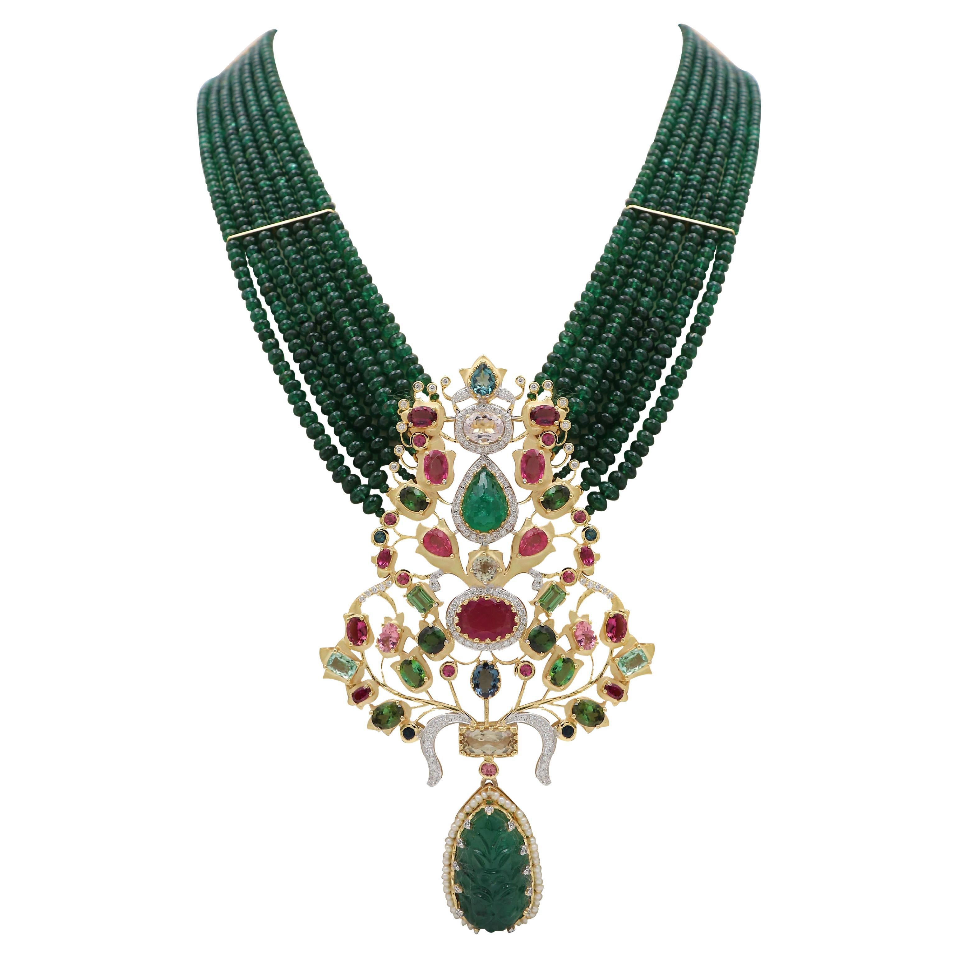 Appraised 18k Gold 530 carat Emerald Tourmaline Diamond Gold Necklace