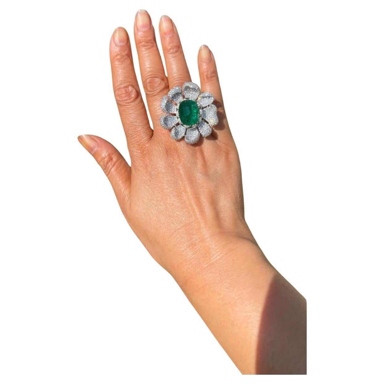 Anello con ciondolo con diamante smeraldo da 18,75 carati, anello con smeraldo in oro bianco da 18 carati