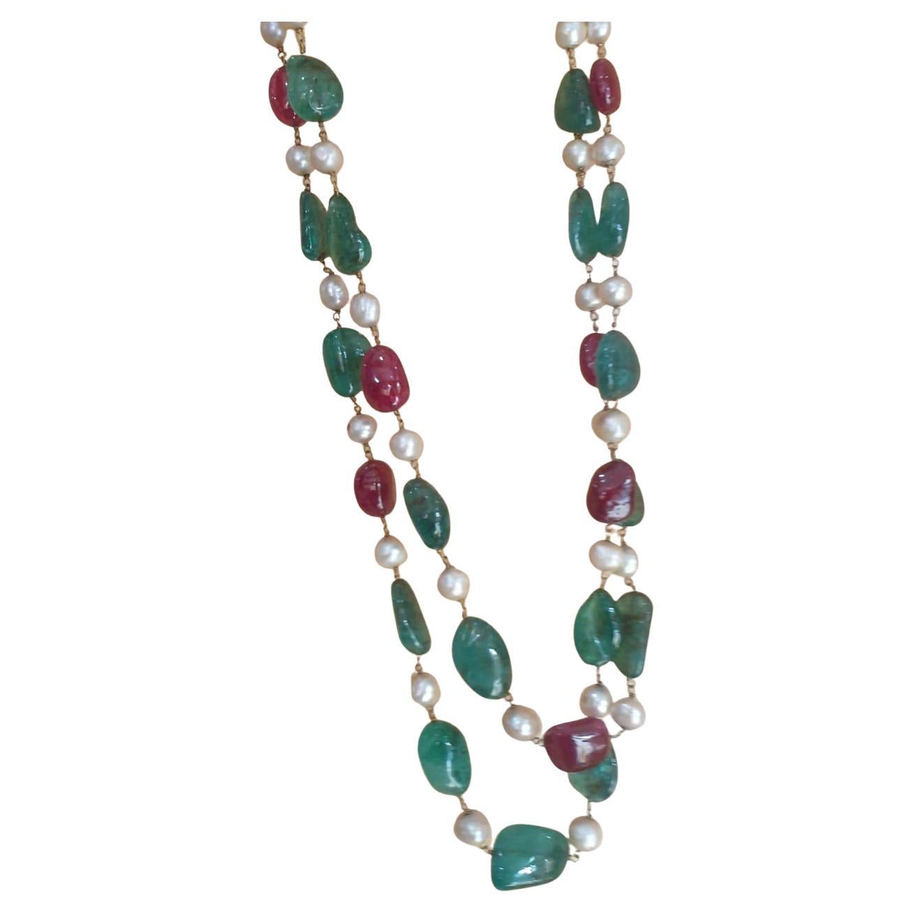 Antique 421 carats emerald ruby antique Pearls gold necklace, 50-100 year old In Good Condition For Sale In Yorba Linda, CA