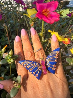 18k Gold Silver 67 carats Ruby Diamond Lapis Butterfly Ring Moving Wings!
