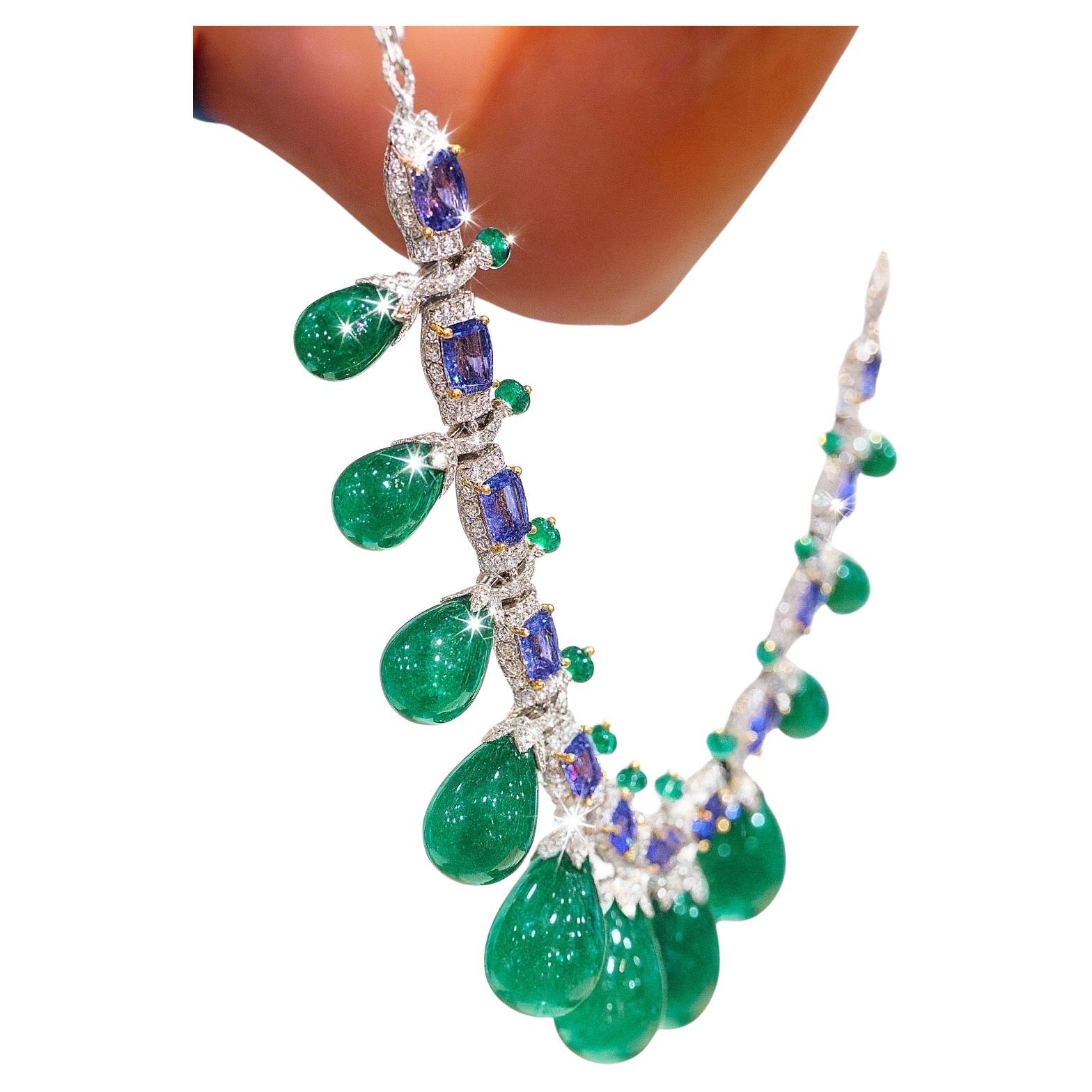 Certified 14k Emerald Tanzanite Diamond Necklace 325 carats 14k gold Set