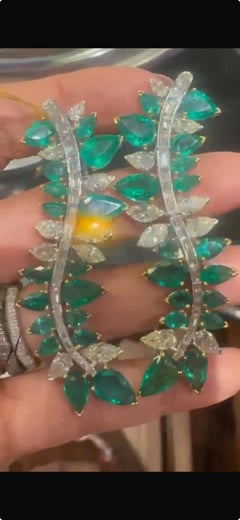 34.87 Carat Emerald Diamond 18k Gold Earrings, Emerald Ear Crawlers