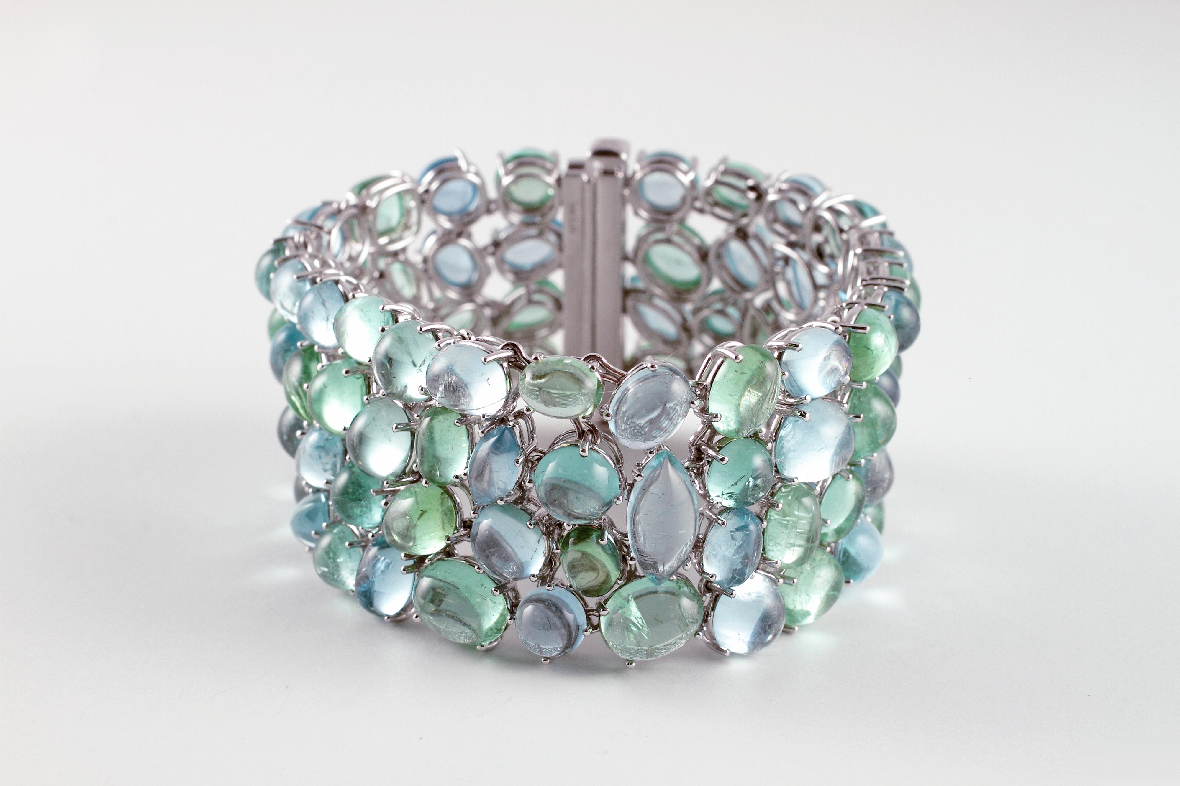 Cabochon Robert Erich 52.35 Carat Aquamarine 65.13 Carat Tourmaline Diamond Bracelet