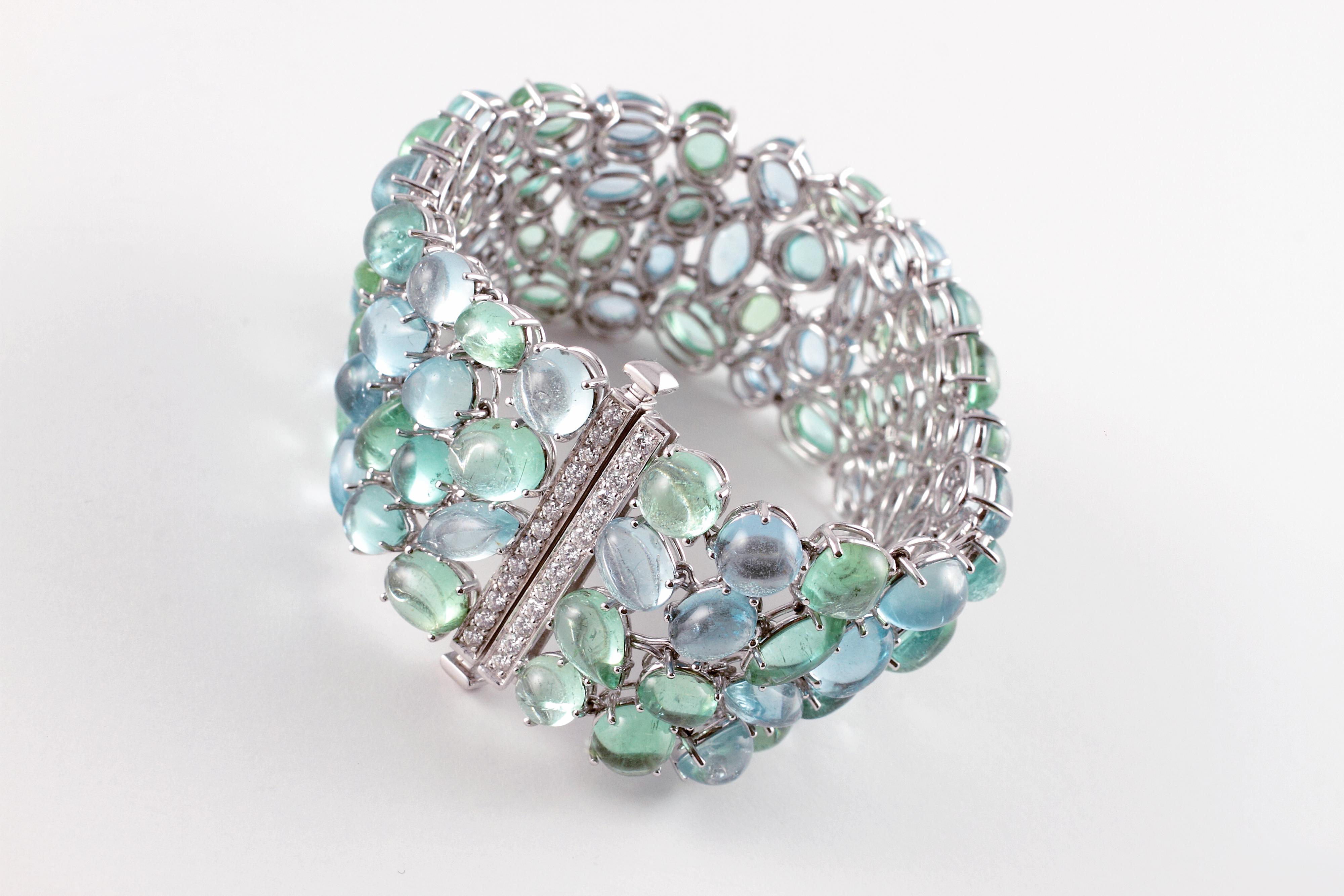 Robert Erich 52.35 Carat Aquamarine 65.13 Carat Tourmaline Diamond Bracelet In Good Condition In Dallas, TX