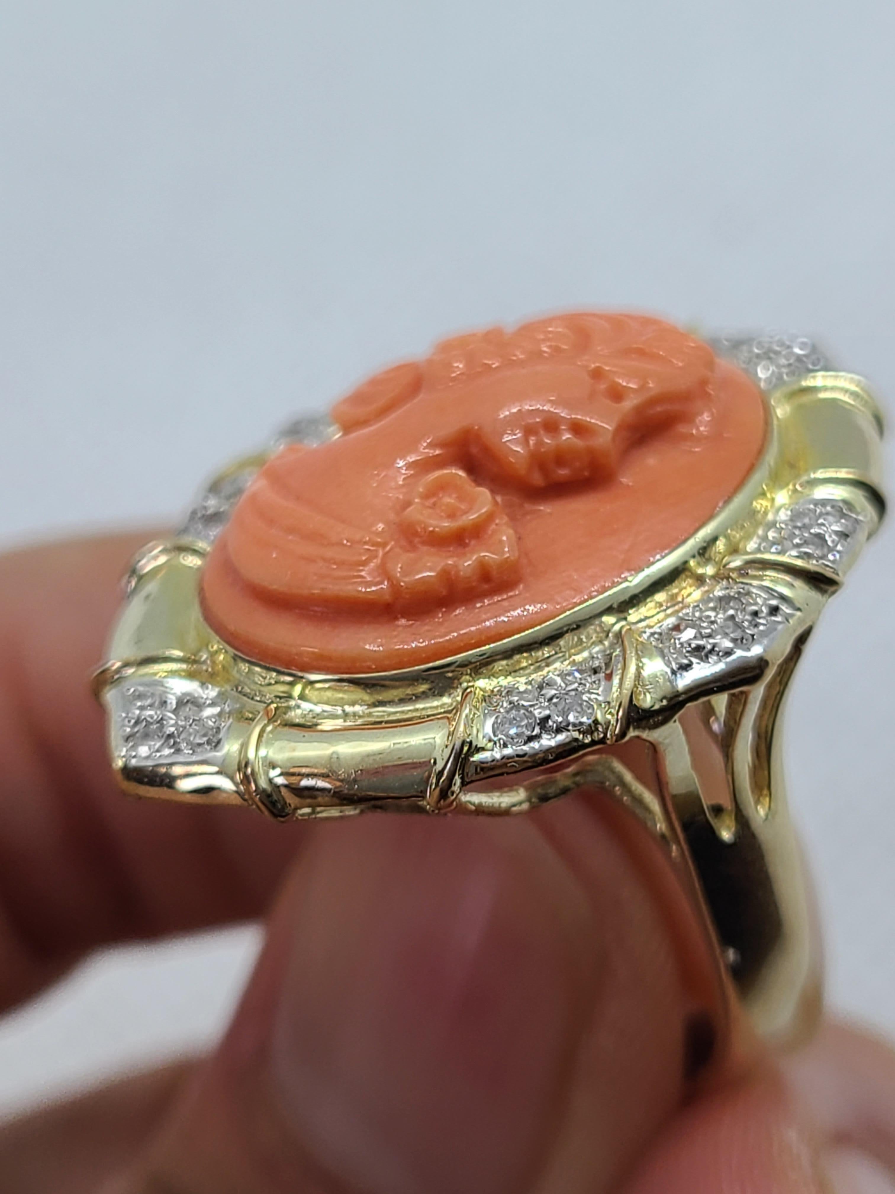 Bague en corail rose naturel et diamant en or jaune 14K Pour femmes en vente