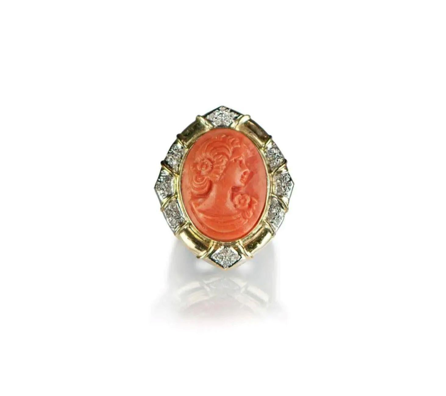 Bague en corail rose naturel et diamant en or jaune 14K en vente 5